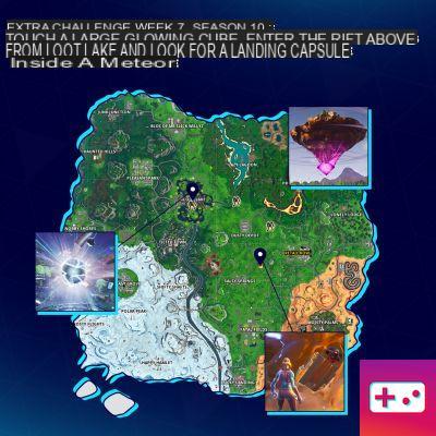 Touch a large glowing cube, enter the rift above Loot Lake and search for a landing pod inside a meteor, Meteorite Footprint Challenge, Season 10